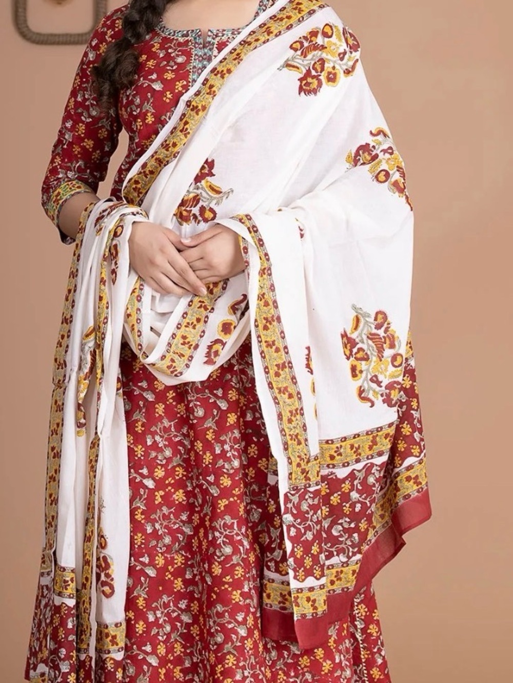 Women’s Red Floral A-Line Skirt Set with White Printed Dupatta